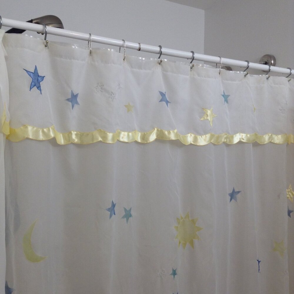 Vintage 2001 Y2K Moon Sun & Stars White Polyester Shower Curtain w. Yellow Trim